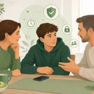 Родитель и подросток обсуждают правила смартфона