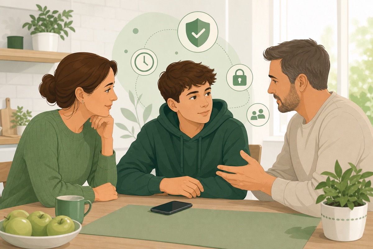 Родитель и подросток обсуждают правила смартфона